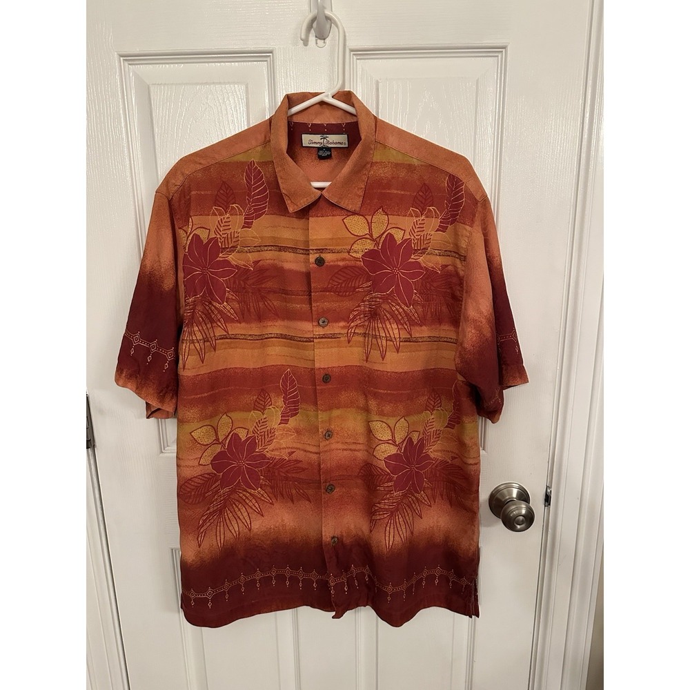 Tommy Bahama Shirt Mens Medium Orange Silk Hawaiian Floral Aloha Button Front